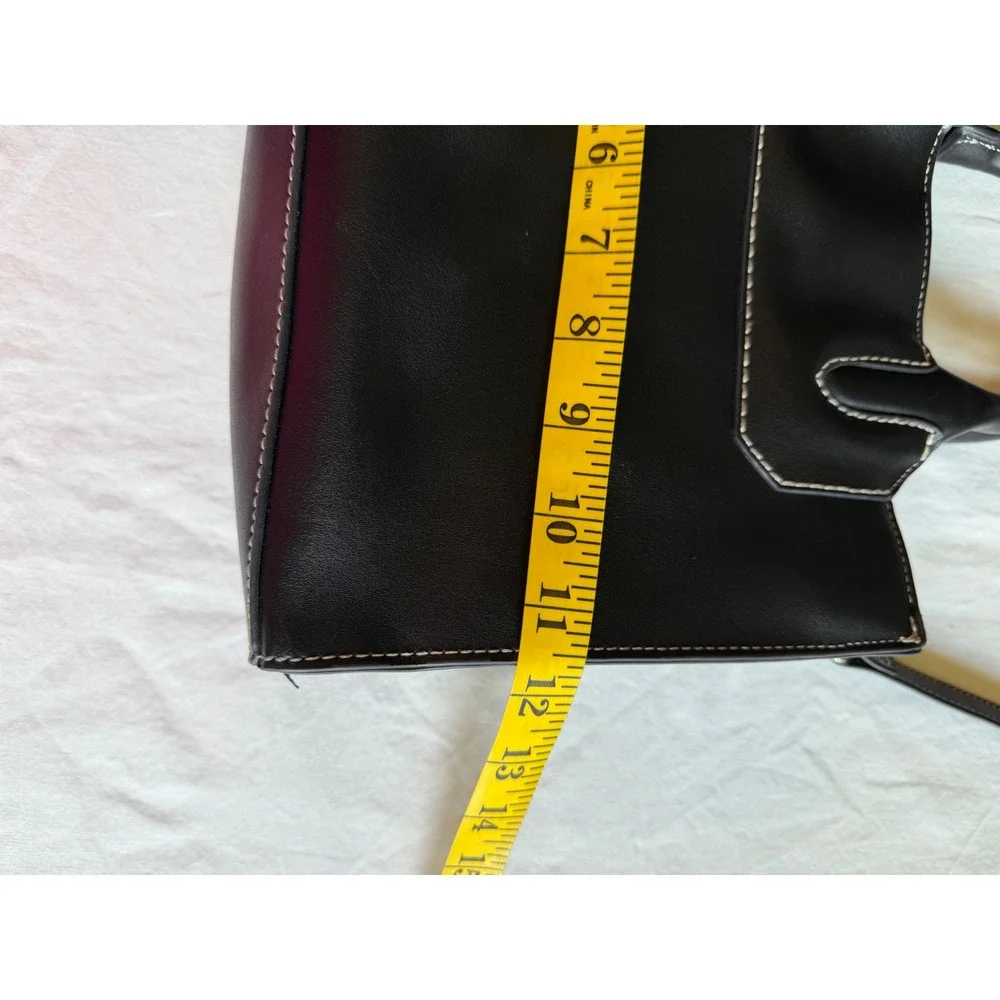 London Fog Black Faux Leather Satchel Crossbody Bag White Contrast Stitching